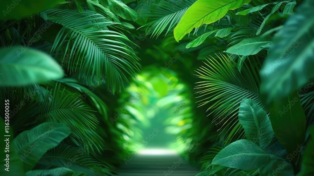 Poster mystical lush idea. lush green foliage creating a serene pathway through a tropical jungle.