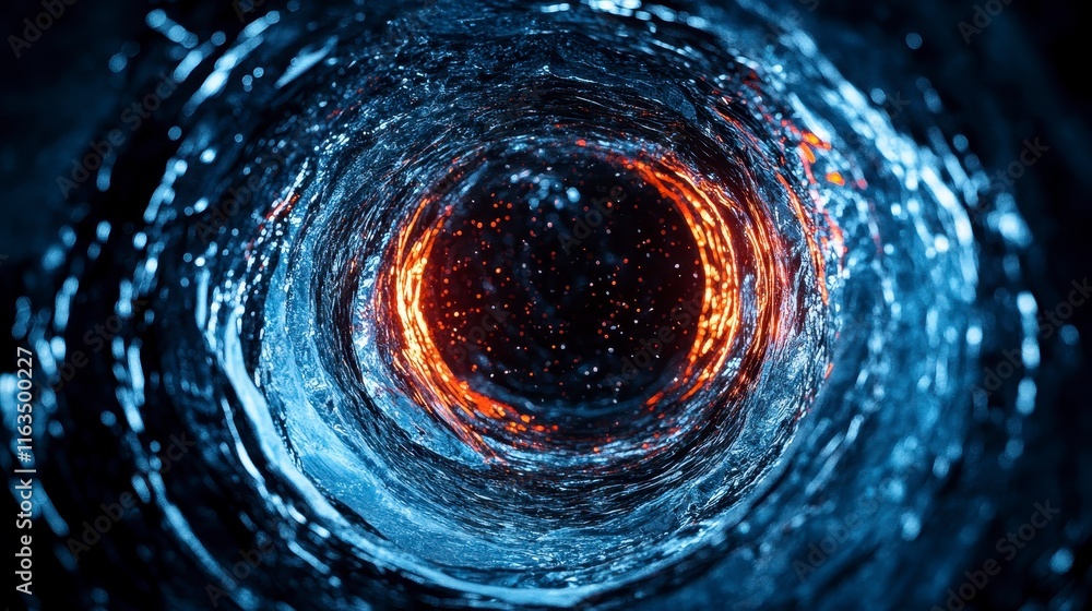 Poster swirling light and water vortex creating a mesmerizing tunnel effect with fiery sparks and glistenin