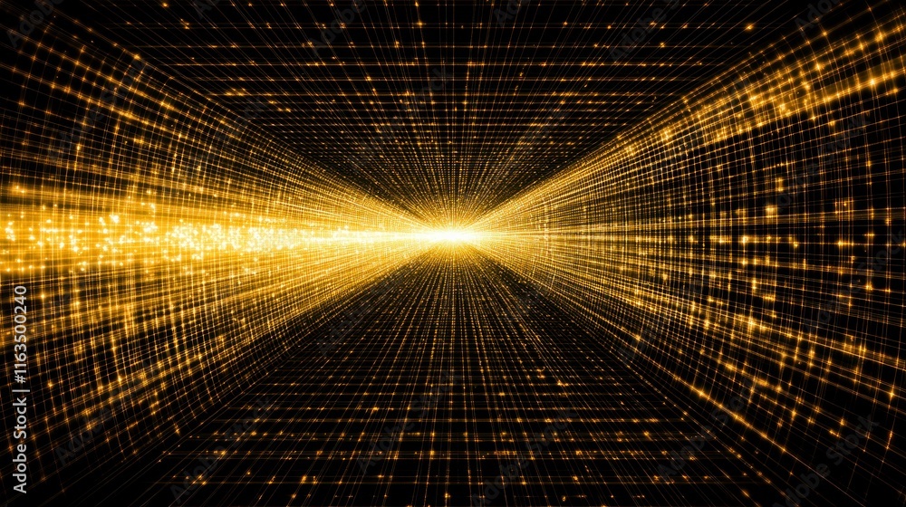 Poster Blur Background of Abstract Golden Grid Tunnel of Light Sparkling Energy Background Futuristic Digital Design