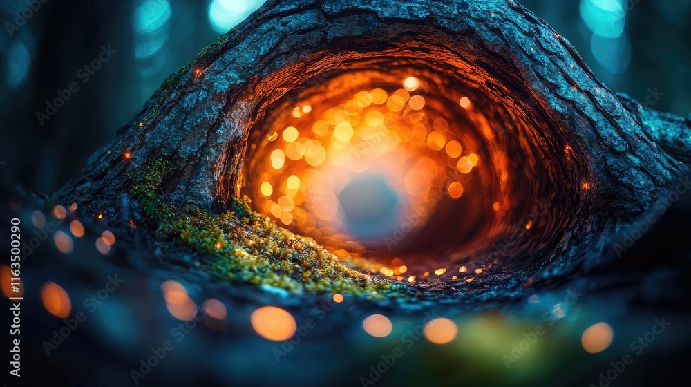Poster Mystical nature concept. A mesmerizing view of glowing lights through a hollow tree trunk in a forest.