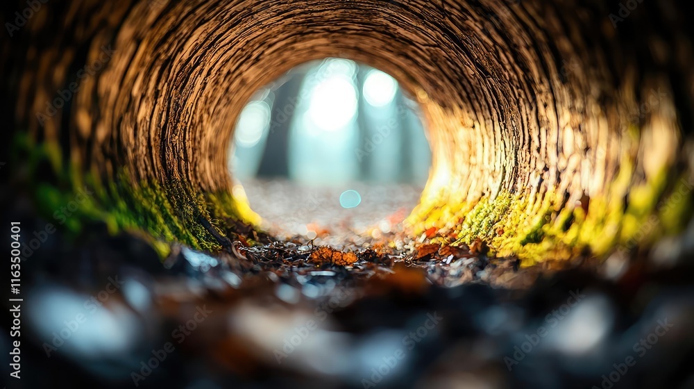 Poster mystical nature concept. a vibrant view through a tree trunk revealing a serene forest scene.