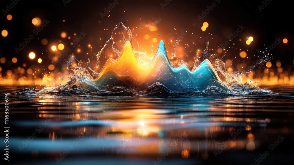 Poster Blur Background of Abstract Glowing Water Splash with Dynamic Graph Bokeh Lights Background