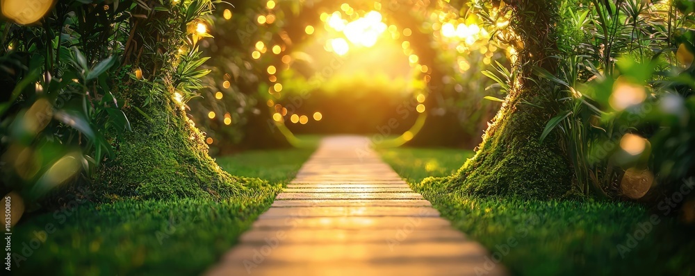 Poster mystical tropical concept. a serene path through a lush green forest illuminated by soft sunlight.