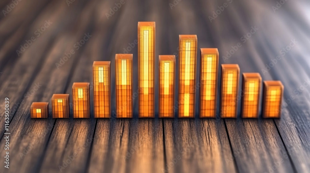 Poster illuminated 3d bar graph chart showing growth trend on wooden surface