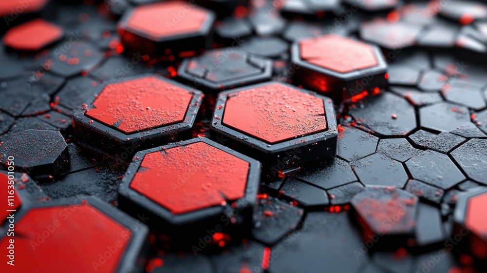 Poster Abstract Red and Black Hexagon Pattern 3D Render Geometric Background Technology Texture