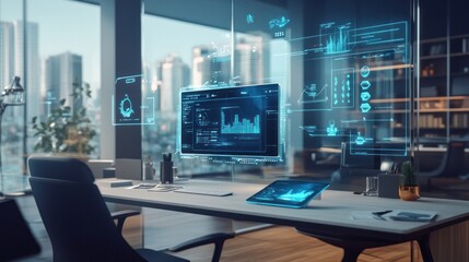 A sleek office setup with holographic screens and interactive touch panels hovering in the air.