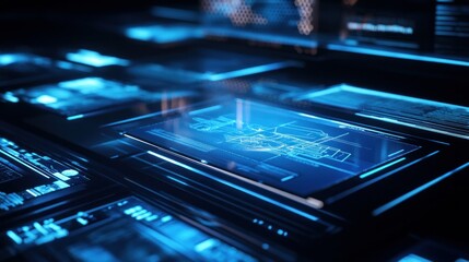 Obraz premium A sleek office setup with holographic screens and interactive touch panels hovering in the air.