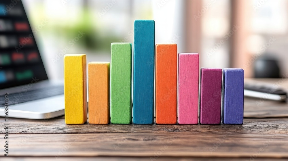 Poster colorful wooden blocks forming a bar graph on wooden desk near laptop representing data analysis or