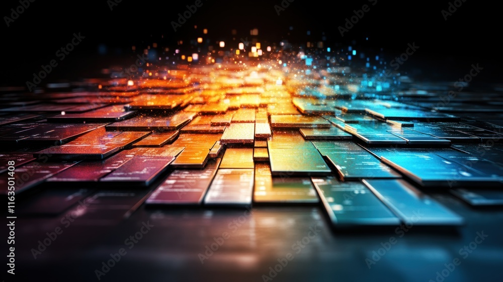 Poster Blur Background of Abstract Digital Technology Background Glowing Colorful Circuit Boards and Data Stream