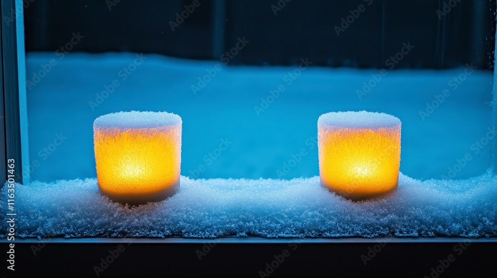 Poster warm candlelight glowing softly through a snowy window scene, creating a cozy atmosphere in a winter