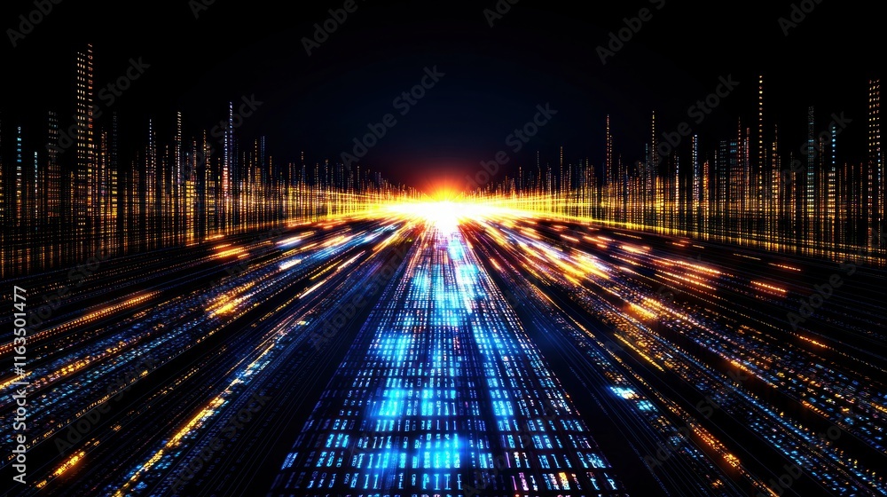 Poster blur background of futuristic cityscape high speed data stream and digital city lights at night