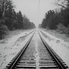 Fototapeta premium A black-and-white photograph of empty train tracks leading into the distance, surrounded by falling snow.