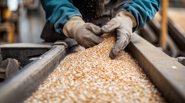 Worker Handling Grain with Care in Agricultural Processing Facility
