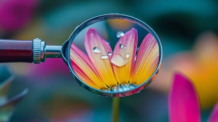 Magnifying glass focusing on a vibrant flower with water droplets.
