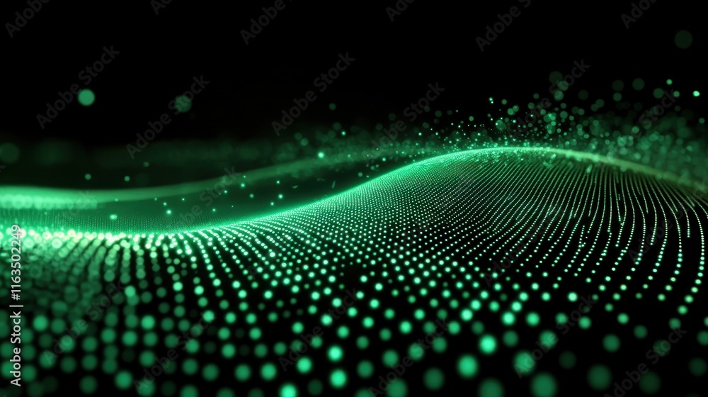 Poster Abstract Green Particle Wave Digital Technology Background Futuristic Glowing Dots Data Stream on Blur Background