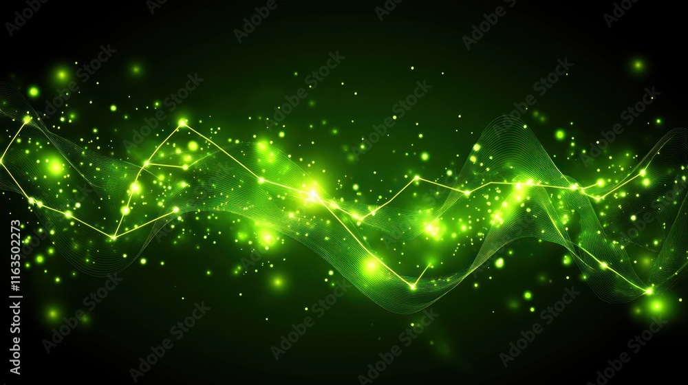 Poster Blur Background of Abstract Green Energy Wave Background Glowing Lines Particles and Dynamic Flow