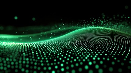 Obraz premium Abstract Green Particle Wave Digital Technology Background Futuristic Glowing Dots Data Stream on Blur Background