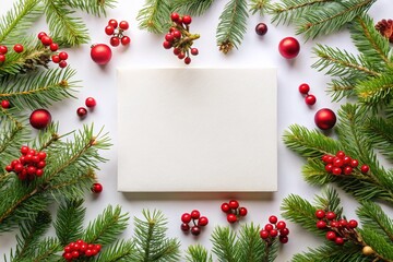 Obraz premium Elegant White Christmas Card with Pine Branches and Berries