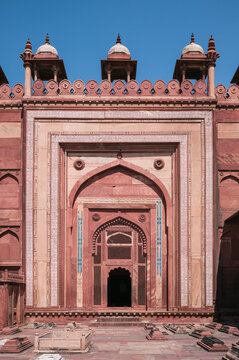 Red sandstone mosque facade, Fatehpur Sikri, India