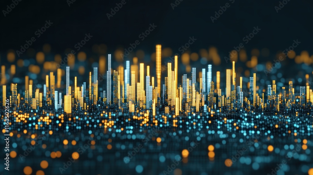 Poster Abstract Digital Cityscape Illuminated Towers and Data Points Futuristic Technology on Blur Background