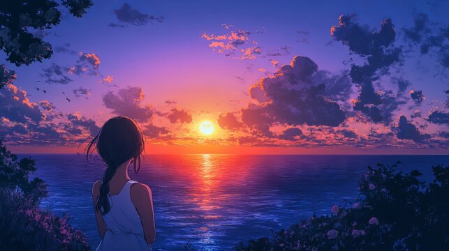 Beautiful anime girl gazing at a breathtaking sunset over the ocean on a tranquil beach with vivid colors digital artwork