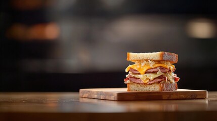 Classic Reuben Sandwich with Corned Beef and Sauerkraut on Wooden Board