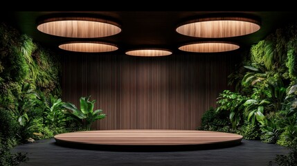 An inviting and elegant presentation stage surrounded by lush greenery and natural light