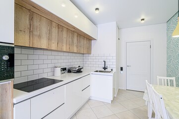 interior apartment kitchen and dining room, refectory area, cooking equipment, table furniture,...