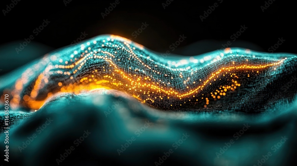 Poster Abstract Teal and Gold Data Wave Digital Particle Flow Technology Blur Background
