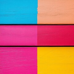 Fototapeta premium Vibrant arrangement of colorful wooden planks divided into four distinct sections of bright blue, peach, pink, and yellow hues.