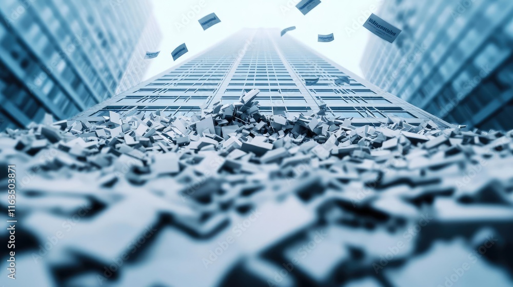 Poster Crash market concept. Dynamic perspective of a modern cityscape with abstract elements and towering skyscrapers.