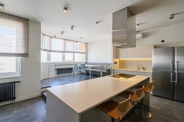 interior apartment kitchen and dining room, refectory area, cooking equipment, table furniture, stove