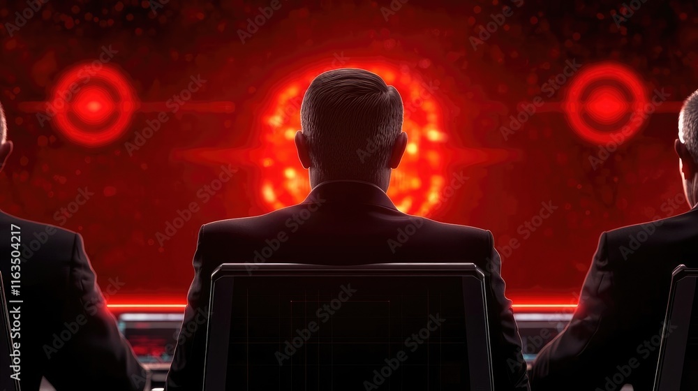 Poster crash market concept. three figures observing digital interface in red light, showcasing futuristic 
