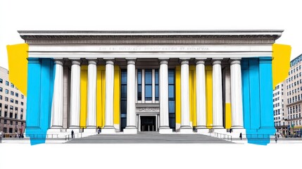 Illustrative depiction of a grand building adorned with Ukrainian colors showcasing architectural elegance and cultural significance.