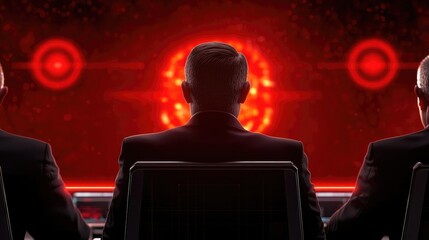 Obraz premium Crash market concept. Three figures observing digital interface in red light, showcasing futuristic analysis.