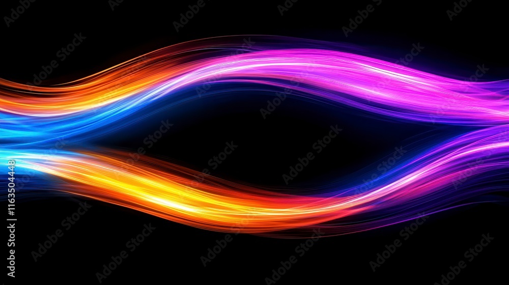 Poster vibrant wave of colorful light trails flowing across a dark background, creating a dynamic abstract 