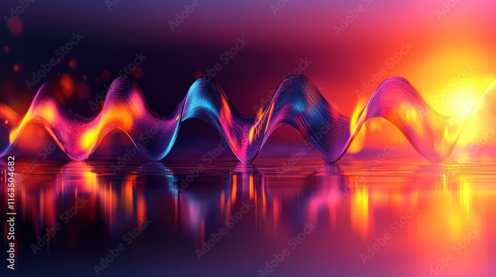 Poster Abstract Vibrant Waveform Colorful Glowing Dynamic Energy Lines Reflecting on a Dark Surface on Blur Background