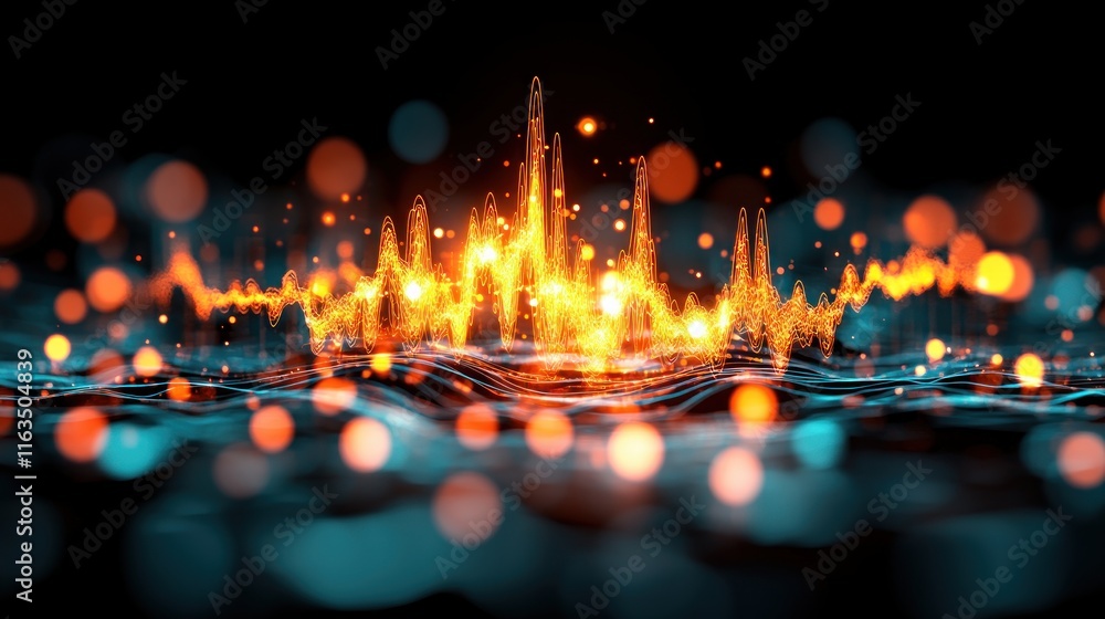 Poster Abstract Glowing Orange Waveform on Teal Digital Background Futuristic Technology Concept on Blur Background