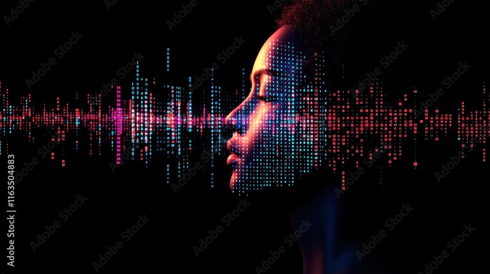 Aufkleber Blur Background of Abstract Digital Portrait of Woman with Colorful Data Stream Visualizing Voice or Soundwave
