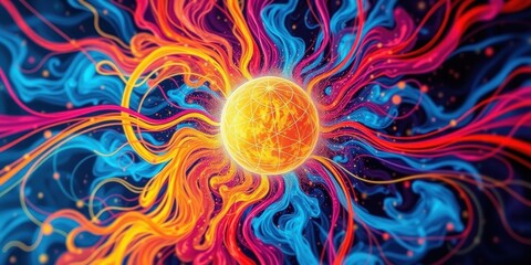 Abstract Cosmic Orb Surrounded by Vibrant Swirling Energy Streams