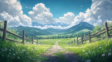Anime spring meadow animation with easter theme, green pastures, and fluffy clouds