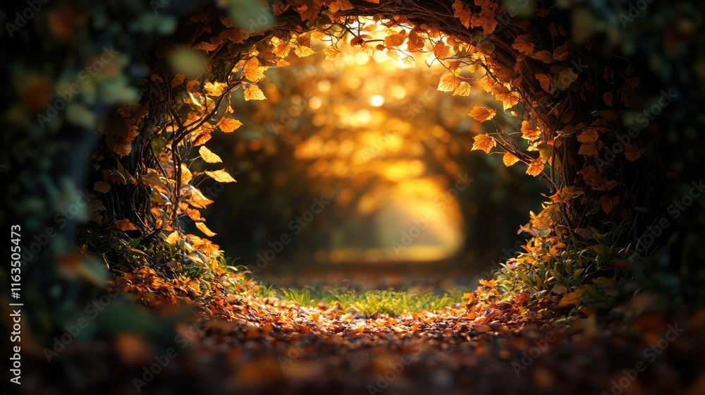 Aufkleber mystical nature concept. a serene pathway of autumn leaves, creating a magical, peaceful atmosphere.