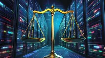 Obraz premium A golden scale symbolizing justice amidst a backdrop of digital servers.