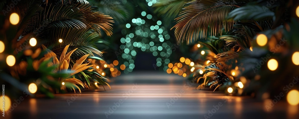 Poster mystical tropical concept. a serene pathway illuminated by soft lights surrounded by lush greenery.