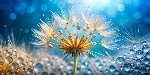 Golden Dewdrops on Dandelion Seed, Blue Background Macro
