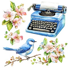 Watercolor illustration of a blue bird perched on a branch with blooming flowers and a vintage blue typewriter.