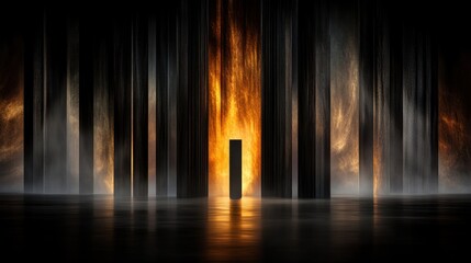 Obraz premium Mystical Dark Forest Scene with Burning Pillars and Reflective Floor Abstract Blur Background