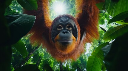 Obraz premium A captivating close-up of an orangutan hanging upside down in a lush jungle, showcasing its expressive face and vibrant fur against a backdrop of green foliage