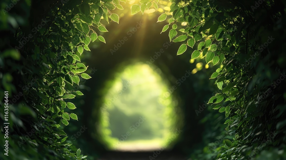 Poster Mystical lush idea. A serene view through a leafy archway, illuminated by soft sunlight, inviting tranquility.