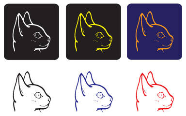 6 cat vector icons. Black on white background, white on black background vector cat head figures. Icon for logo and website.